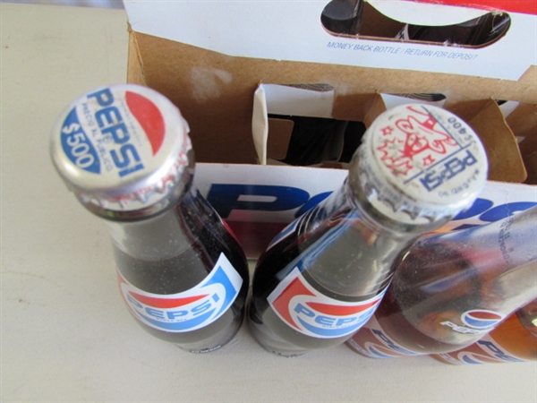 COLLECTIONS OF MOSTLY PEPSI BOTTLES & CANS PLUS A FEW OTHER BOTTLES