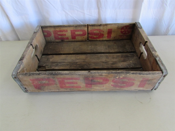 PEPSI-COLA WOODEN CRATE, TIN TRAYS, CAPS & MORE