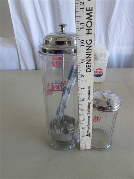 PLASTIC PEPSI-COLA CRATE, TOWELS, SALT & PEPPER SHAKERS, STRAW DISPENSER & MORE