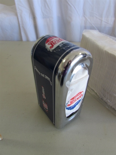 PLASTIC PEPSI-COLA CRATE, TOWELS, SALT & PEPPER SHAKERS, STRAW DISPENSER & MORE