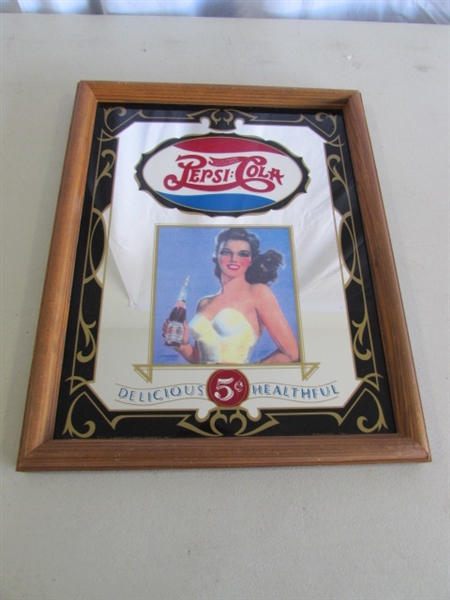 2 PEPSI-COLA PORCELAIN ENAMELED SIGNS (NOT OLD) & WALL MIRROR
