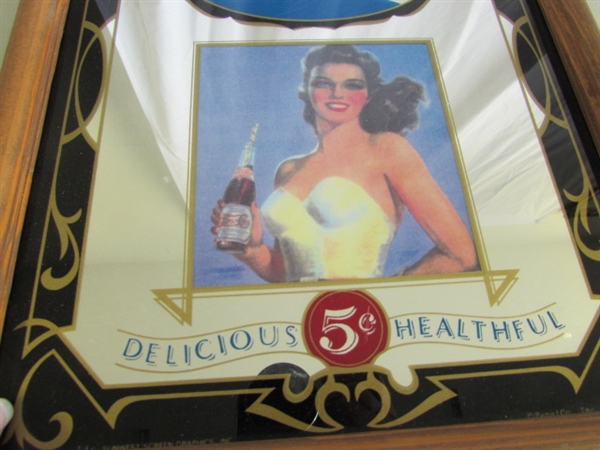 2 PEPSI-COLA PORCELAIN ENAMELED SIGNS (NOT OLD) & WALL MIRROR