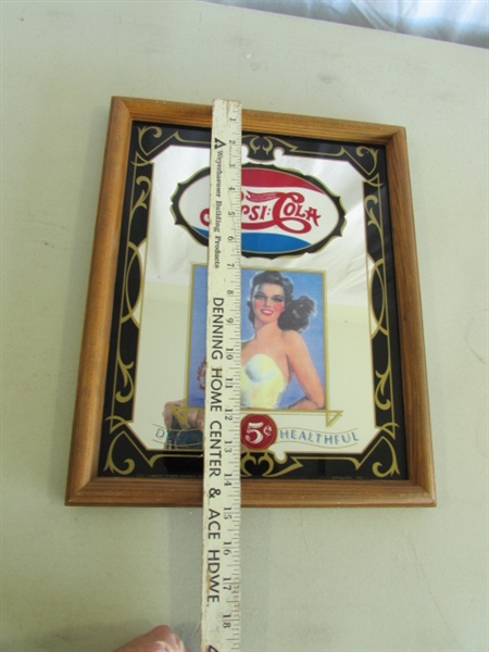 2 PEPSI-COLA PORCELAIN ENAMELED SIGNS (NOT OLD) & WALL MIRROR
