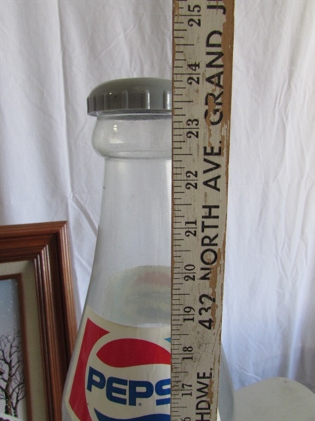 PEPSI-COLA FRAMED PRINT, CHRISTMAS TIN & LARGE COIN BANK