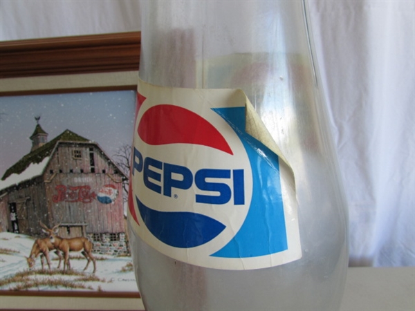 PEPSI-COLA FRAMED PRINT, CHRISTMAS TIN & LARGE COIN BANK