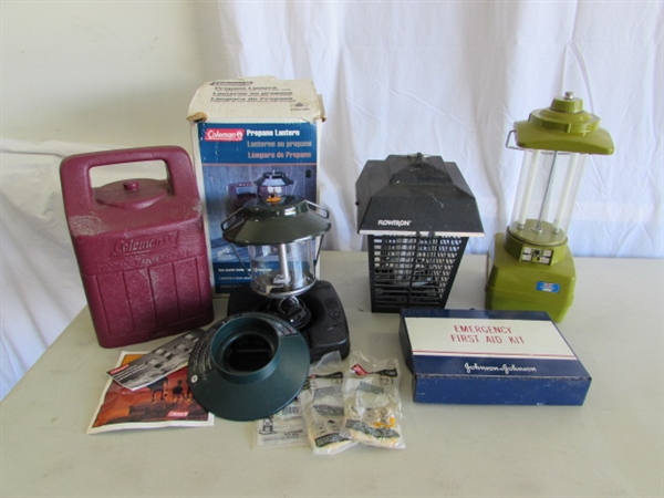 GAS & BATTERY POWERED LANTERNS, FIRST AID KIT & ELECTRIC BUG LIGHT