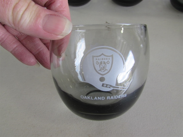 VINTAGE SMOKED ROLY POLY NFL GLASSES - RAIDERS & 49ers, CRYSTAL STEMWARE & MORE