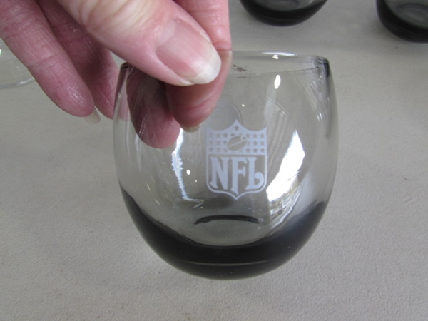VINTAGE SMOKED ROLY POLY NFL GLASSES - RAIDERS & 49ers, CRYSTAL STEMWARE & MORE