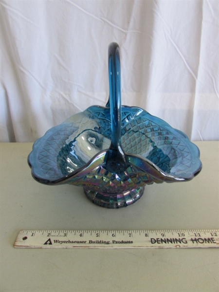 VINTAGE CRANBERRY LEAD CRYSTAL BOWL, MCM ITALIAN STEMMED VASE & BLUE CARNIVAL GLASS BASKET (1970'S)