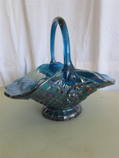 VINTAGE CRANBERRY LEAD CRYSTAL BOWL, MCM ITALIAN STEMMED VASE & BLUE CARNIVAL GLASS BASKET (1970'S)