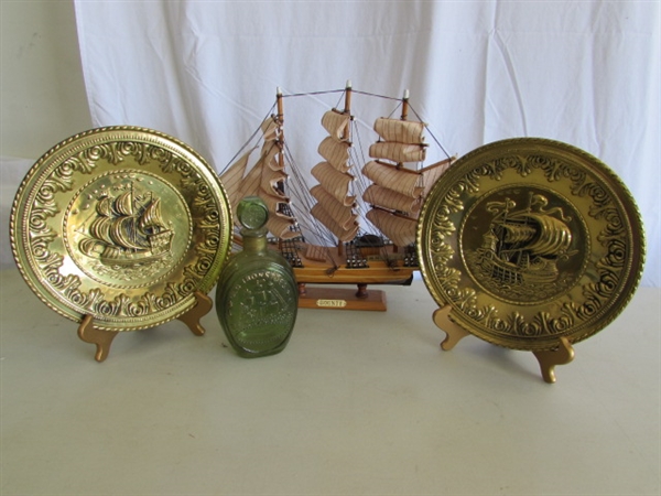 VINTAGE TIN SHIP WALL PLATES, MODEL SHIP & BOTTLE W/EMBOSSED SHIP