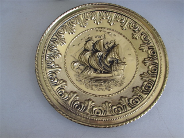 VINTAGE TIN SHIP WALL PLATES, MODEL SHIP & BOTTLE W/EMBOSSED SHIP