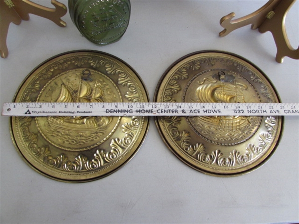 VINTAGE TIN SHIP WALL PLATES, MODEL SHIP & BOTTLE W/EMBOSSED SHIP