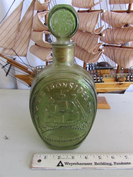 VINTAGE TIN SHIP WALL PLATES, MODEL SHIP & BOTTLE W/EMBOSSED SHIP