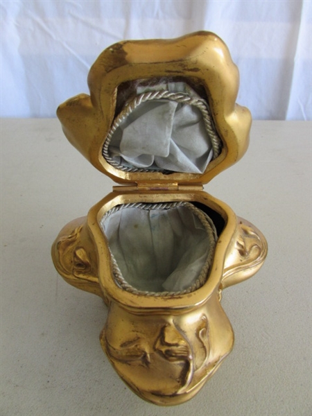 VINTAGE INCOLAY STONE TRINKET BOX & GOLD TONE TRINKET BOX