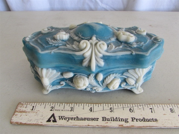 VINTAGE INCOLAY STONE TRINKET BOX & GOLD TONE TRINKET BOX