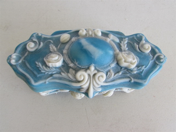 VINTAGE INCOLAY STONE TRINKET BOX & GOLD TONE TRINKET BOX