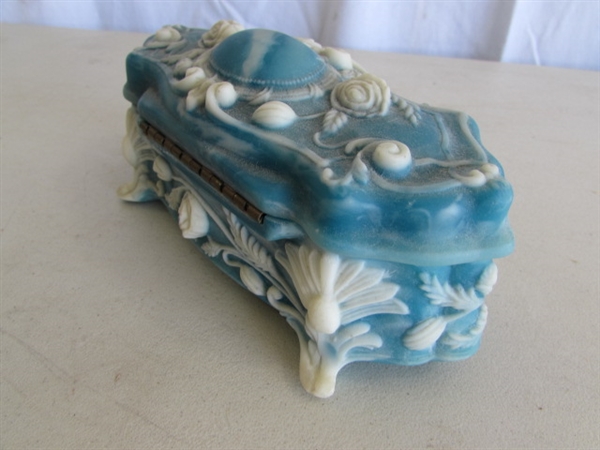 VINTAGE INCOLAY STONE TRINKET BOX & GOLD TONE TRINKET BOX
