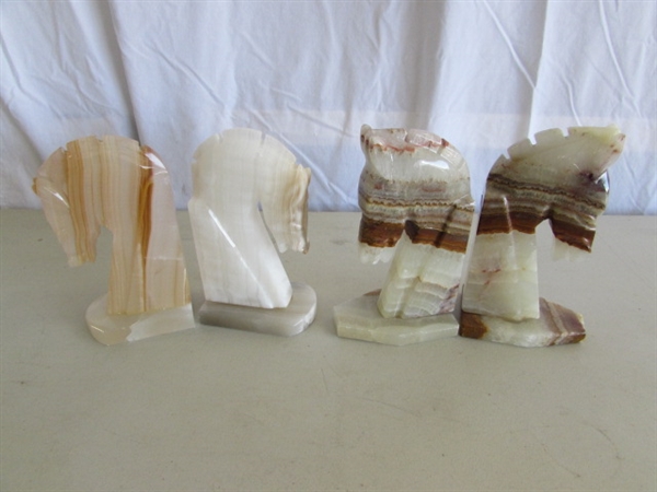 2 SETS OF CARVED ONYX HORSE HEAD BOOKENDS