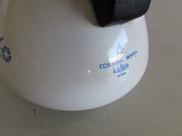 CORNING WARE TEAPOT, PERCOLATOR & HEATING BASE