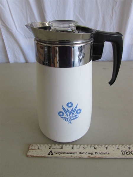 CORNING WARE TEAPOT, PERCOLATOR & HEATING BASE