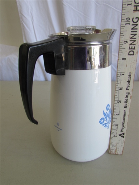 CORNING WARE TEAPOT, PERCOLATOR & HEATING BASE