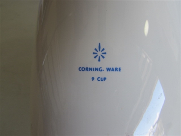 CORNING WARE TEAPOT, PERCOLATOR & HEATING BASE