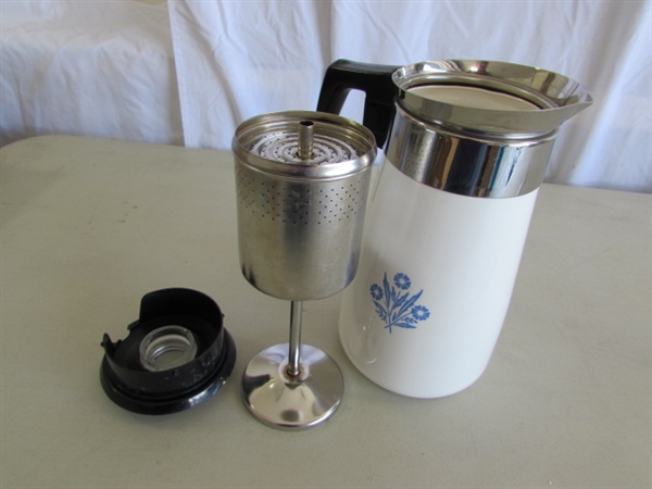 CORNING WARE TEAPOT, PERCOLATOR & HEATING BASE