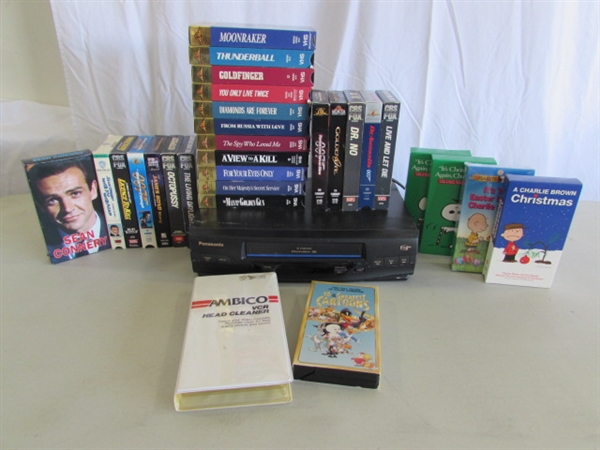 JAMES BOND & PEANUTS VHS MOVIES & PANASONIC VCR (NO REMOTE)