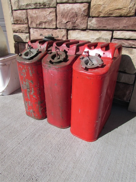 3 VINTAGE METAL JERRY CANS
