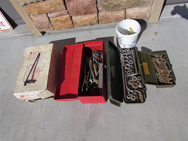 MITER BOX, SMALL METAL TOOL BOX & ASSORTED HAND TOOLS