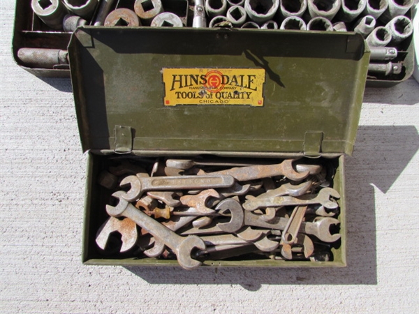 MITER BOX, SMALL METAL TOOL BOX & ASSORTED HAND TOOLS