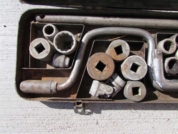 MITER BOX, SMALL METAL TOOL BOX & ASSORTED HAND TOOLS