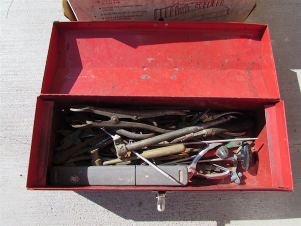 MITER BOX, SMALL METAL TOOL BOX & ASSORTED HAND TOOLS