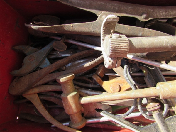 MITER BOX, SMALL METAL TOOL BOX & ASSORTED HAND TOOLS