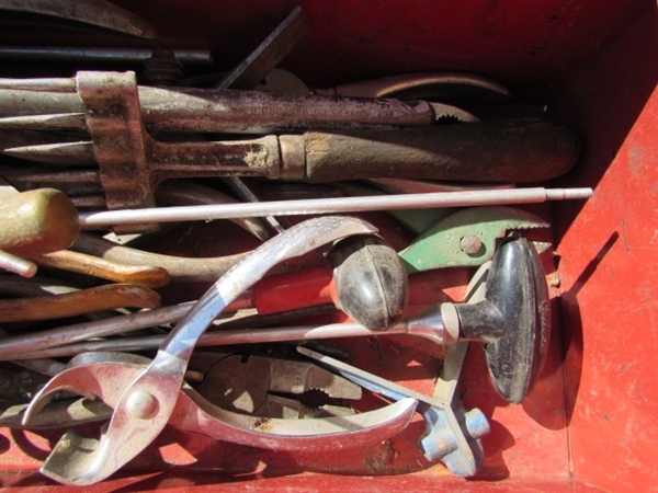 MITER BOX, SMALL METAL TOOL BOX & ASSORTED HAND TOOLS
