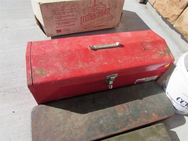 MITER BOX, SMALL METAL TOOL BOX & ASSORTED HAND TOOLS