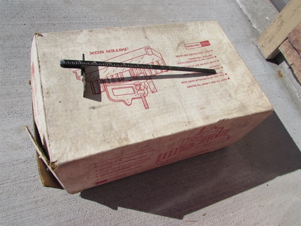 MITER BOX, SMALL METAL TOOL BOX & ASSORTED HAND TOOLS
