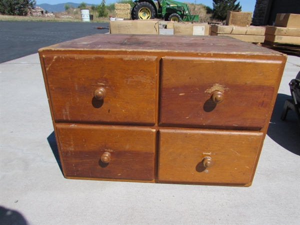 4-DRAWER WOODEN BOX, LEAD SOLDIER MOLDS AND OTHER CONTENTS