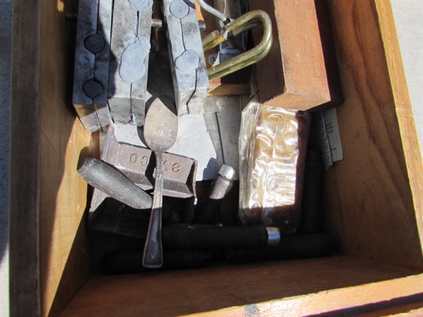 4-DRAWER WOODEN BOX, LEAD SOLDIER MOLDS AND OTHER CONTENTS