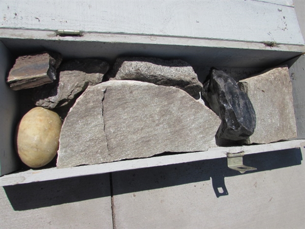 VINTAGE WOODEN AMMO CRATE/BOX W/ASSORTED STONES/ROCKS