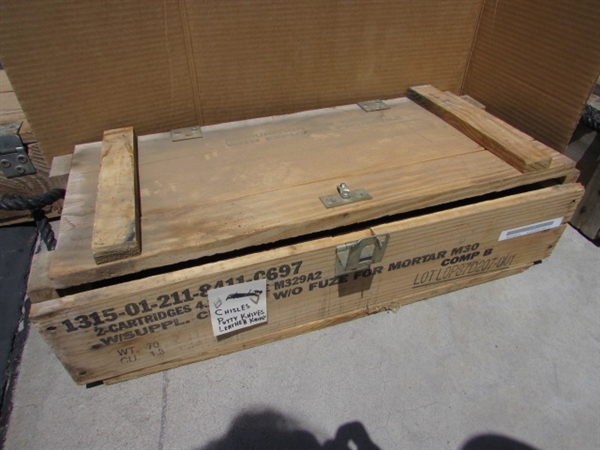 VINTAGE WOODEN AMMO CRATE/BOX WITH SCRAPERS, CHISELS & MORE