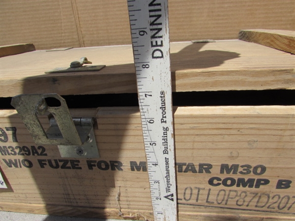 VINTAGE WOODEN AMMO CRATE/BOX WITH SCRAPERS, CHISELS & MORE