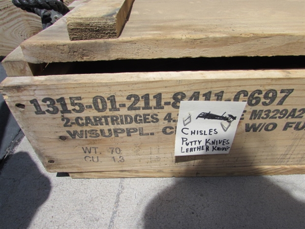 VINTAGE WOODEN AMMO CRATE/BOX WITH SCRAPERS, CHISELS & MORE