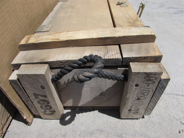 VINTAGE WOODEN AMMO CRATE/BOX WITH SCRAPERS, CHISELS & MORE