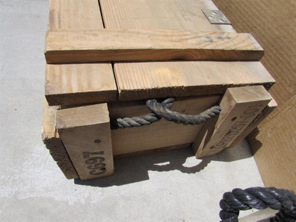 VINTAGE WOODEN AMMO CRATE/BOX WITH SCRAPERS, CHISELS & MORE