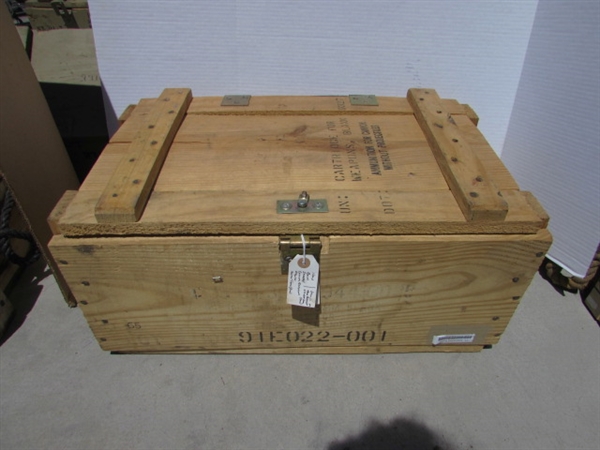 VINTAGE WOODEN AMMO CRATE/BOX WITH HARDWARE & MISC