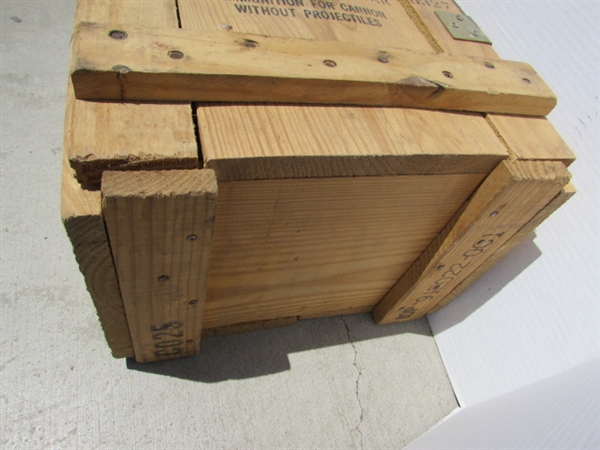 VINTAGE WOODEN AMMO CRATE/BOX WITH HARDWARE & MISC