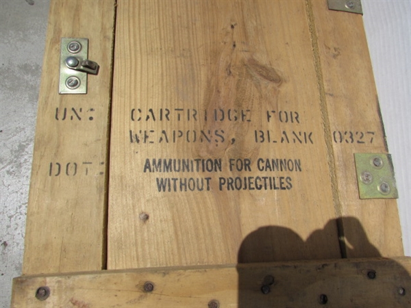 VINTAGE WOODEN AMMO CRATE/BOX WITH HARDWARE & MISC