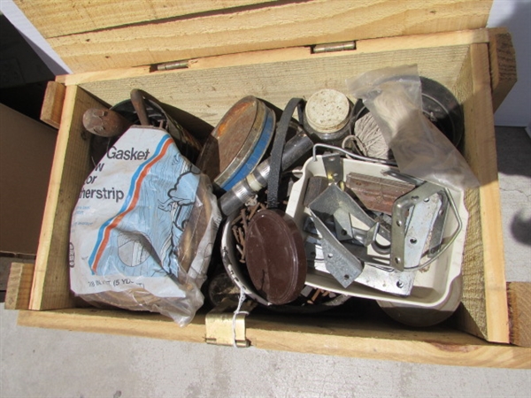 VINTAGE WOODEN AMMO CRATE/BOX WITH HARDWARE & MISC